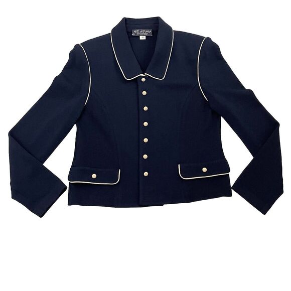 St John Collection Womens Navy White Trim Santana Knit Jacket/Blazer Size 12 - Picture 2 of 16